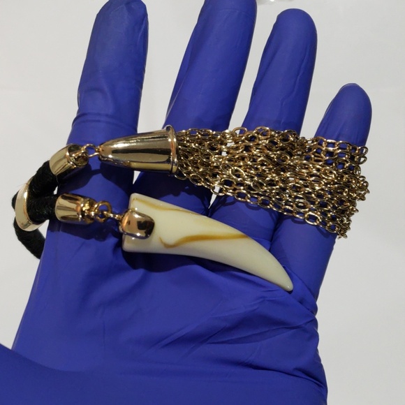 Edgy Gold Black Cord Necklace – Tassel & Faux Tooth Pendant Statement Jewelry - Picture 9 of 9